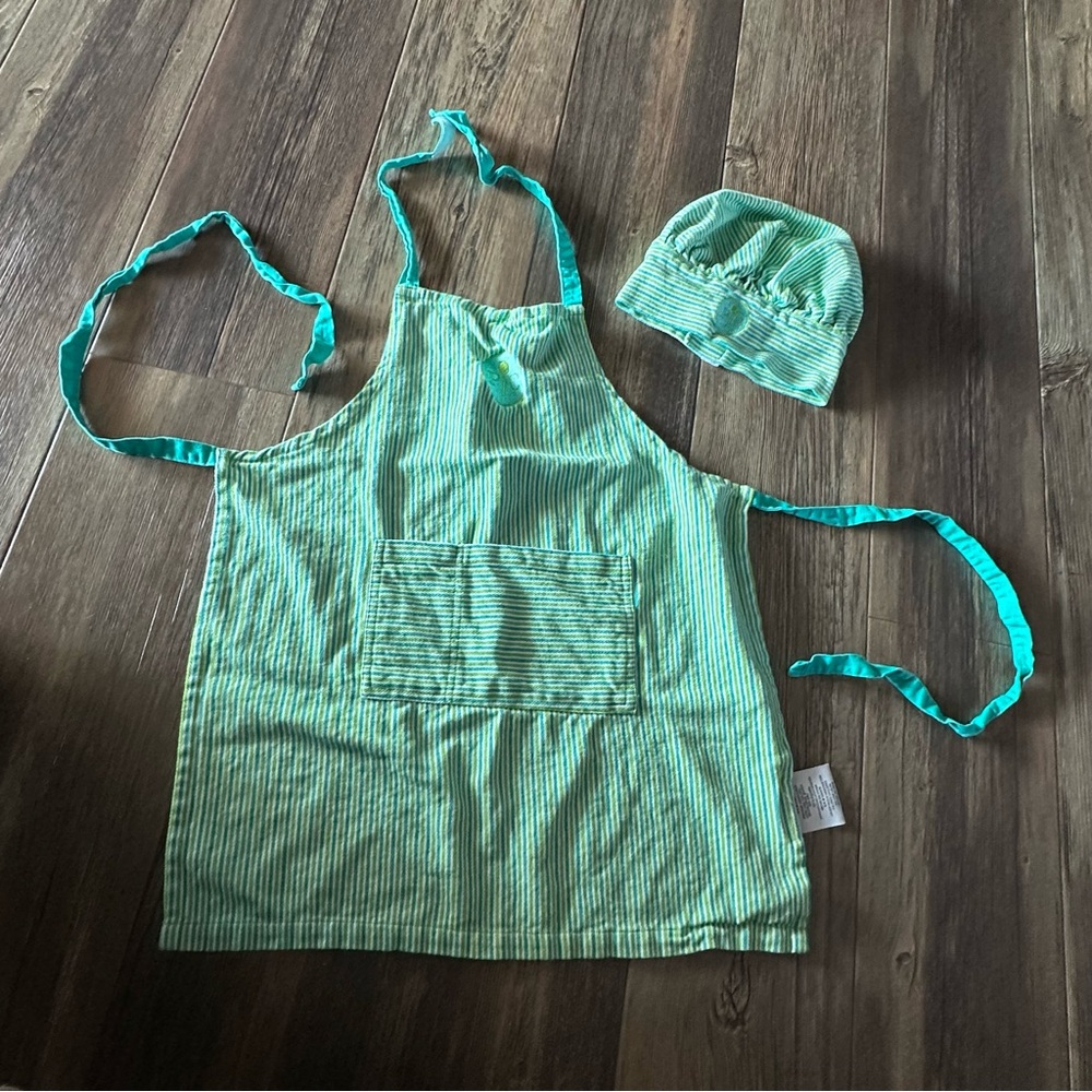 Pampered Chef kids apron and hat striped logo kitchen set cotton